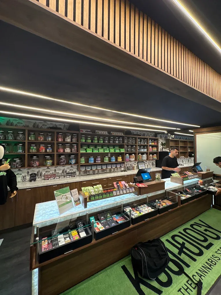 The interior of a clean, modern cannabis retail store features wooden shelving stocked with products, glass display cases on the counter, and a large "Kushology" branded green rug on the floor.